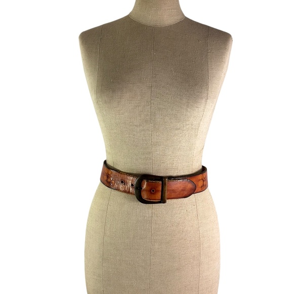 Vintage Brown Leather Mushrooms & Flowers Pattern Belt 28 Unisex main image 7